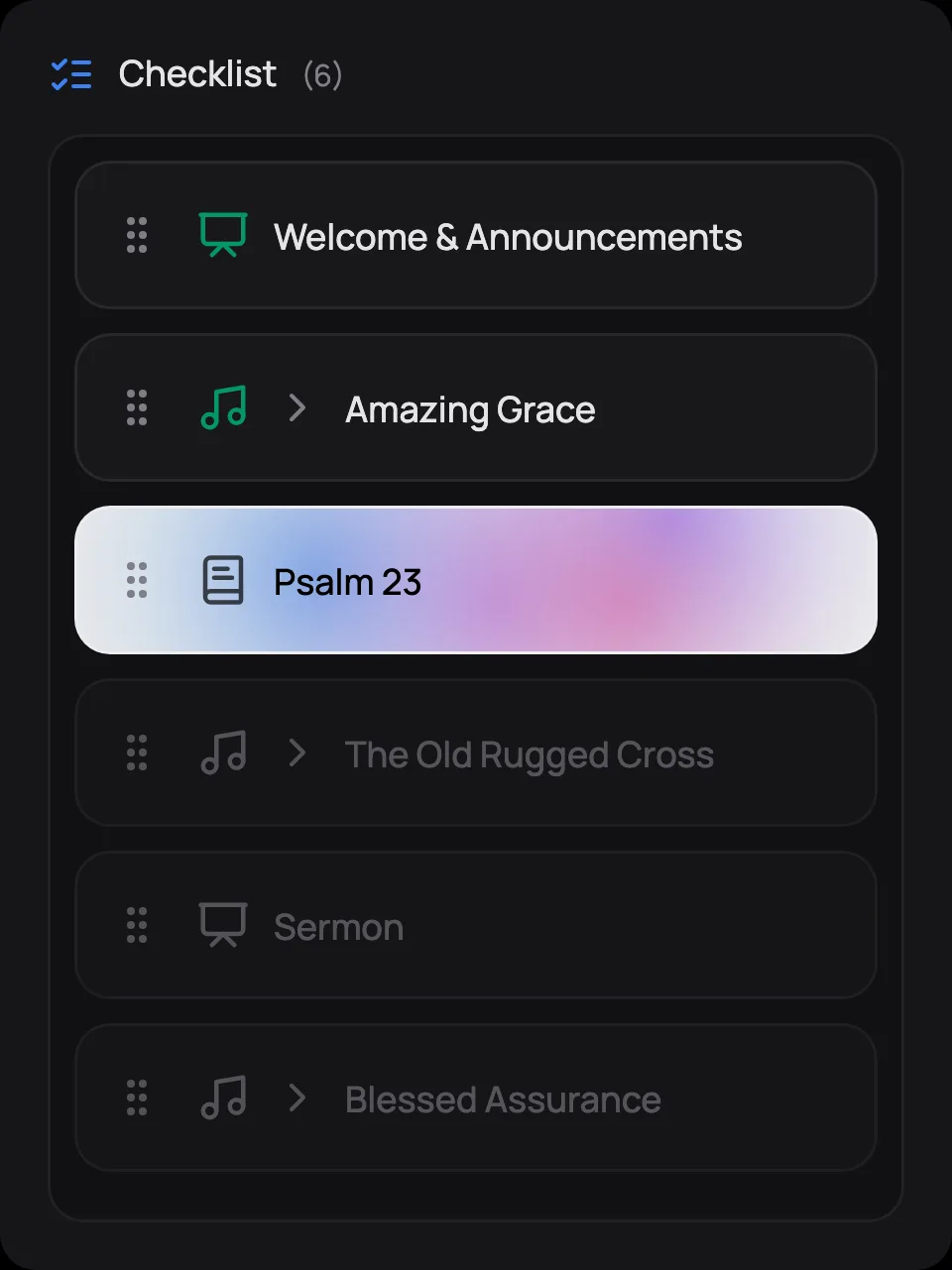 The service checklist in Verse Copilot: welcome and Amazing Grace checked off, Psalm 23 on screen now, and three items still to come