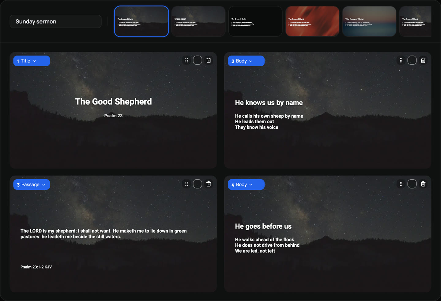 The Smart Slides review screen showing a finished sermon deck of title, Scripture and talking-point slides